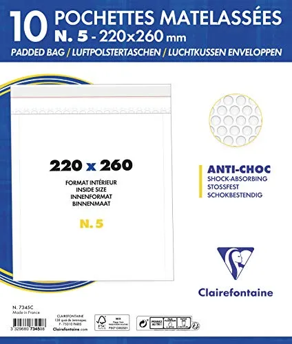 Clairefontaine 7345C - Packung mit 10 Luftpolster-Versandtaschen weiß 220x260 mm, 90g, 1 Pack