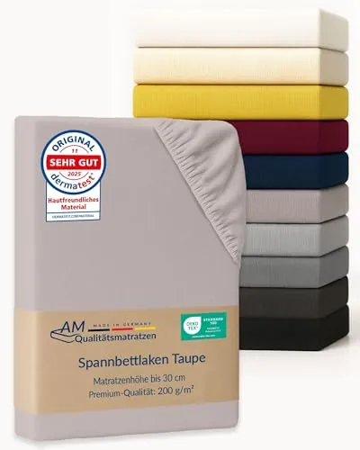 AM Qualitätsmatratzen Premium Spannbettlaken 160x190cm Baumwolle (200gsm) in Taupe - Made in Germany - Oeko TEX zertifiziertes Bettlaken 160x190 Baumwolle - Jersey Spannbetttuch - Fitted Sheets