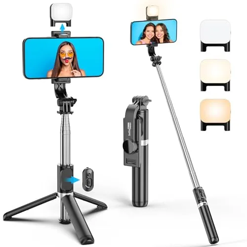 Selfie Stick Stativ mit Fülllicht, Erweiterbar 106CM SelfieStick mit Abnehmbarer Fernbedienung, 360 Drehbar Handy Stativ Kompatibel mit iPhone 17/16/15/14 Pro Max/14 Pro/14/13/12/Samsung Smartphone