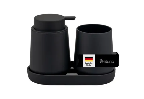 eluno Badezimmer-Set TESERO 3tlg. mit Soft-Touch Oberfläche - Praktisches Bad-Accessoires Set mit Seifenspender, Becher und Schale in elegantem Schwarz. Perfekt organisiert für Bad und Küche – für mehr Stil und Ordnung. Hochwertiger Kunststoff, leicht zu reinigen.