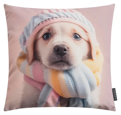 Magma Heimtex Dekokissen mit tierischen Motiven, 45x45 cm, rosa - Quadratisches Zierkissen mit buntem Hundemotiv. Aus 100% Polyester, pflegeleicht bei 30 Grad. Ideal für eine gemütliche Wohnatmosphäre.