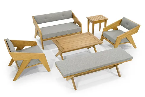 Stilvolle Hellgraue Gartenmöbel Set mit 2 Sessel und Tisch - 6-teiliges Gartenmöbelset aus Holz und Gewebe, ideal für den Außenbereich. Inklusive 2 Sessel, Bank und Beistelltisch. Modernes Design mit Armlehnen und Rückenlehne für maximalen Komfort.