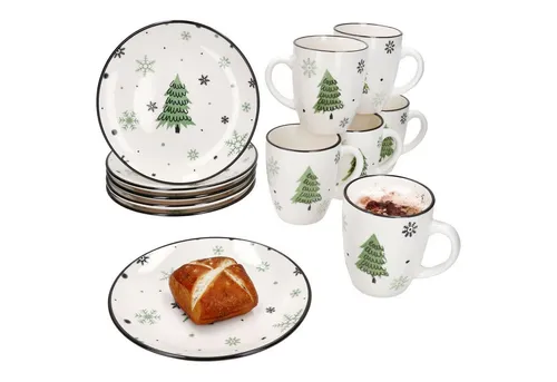 MamboCat Weihnachtsbaum 12tlg Frühstücksset - 6x Frühstücksteller und 6x Kaffeebecher für festliche Anlässe, robust und spülmaschinengeeignet