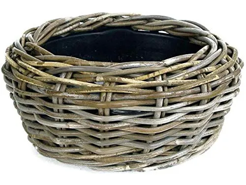 Klocke Pflanzkörbe Pflanzkorb Rattan Rund – Beigegrau - Weidenkorb mit Einsatz für Außen/Outdoor - Gartenkorb Korbgeflecht - Übertopf für Garten/Pflanzgefäß (Ø 35cm / Höhe 14cm)