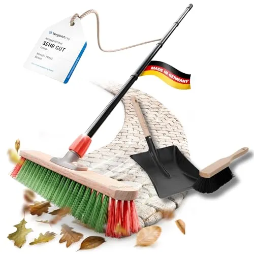 Kehrbesen mit Teleskopstiel und Kehrschaufel Set - Haushaltsbedarf Handfeger: Robuste Kehrgarnitur mit ausziehbarem Teleskopstiel für schwer erreichbare Stellen und Spezialborsten für effektives Kehren.