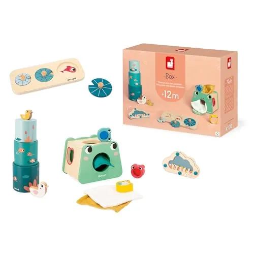 Janod Baby-Spielbox 1 Jahr - Lernspielzeug für motorische Förderung - Sortier- & Stapelspielzeug für Babys ab 1 Jahr, inkl. Puzzle und Formsortierer zur spielerischen Sinnesförderung und psychomotorischen Entwicklung.