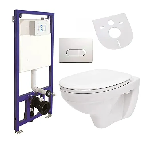 Hänge Wand WC Toilette mit Spülkasten - Einteilige Toilette mit Softclose-Deckel und Vorwandelement, einfach zu installieren und aus langlebiger Sanitärkeramik für dauerhaften Komfort.