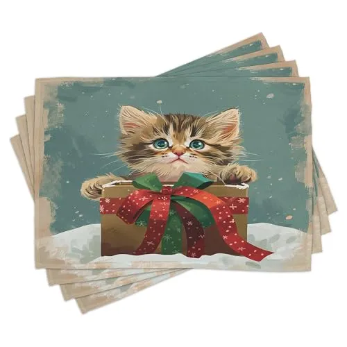 ABAKUHAUS Platzmatten, Cartoon-Tabby-Katze Kunst, Waschbare Stoff Esszimmer Küche Tischdekorations Digitaldruck, Kadett Blau Kalb Dunkelrosa