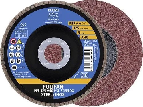 PFERD 67644125A Psf Steelox Fächerschleifscheibe 125mm - Zubehör für Elektrowerkzeug, POLIFAN-Fächerscheibe mit hoher Zerspanungsleistung und langer Standzeit für effizientes Arbeiten.