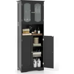 COSTWAY Hochschrank Badezimmer mit 4 Türen & offenem Fach, Schwarz - Praktischer Hochschrank mit 2 Milchglastüren und 2 verstellbaren Regalen für flexible Aufbewahrung. Das offene Fach ermöglicht schnellen Zugriff auf wichtige Badutensilien. Mit Kippschutz für zusätzliche Sicherheit in Haushalten.