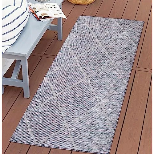carpet city Outdoor Teppich Terrasse Wetterfest - 80x150 cm - Balkonteppich Blau-Pink - Raute Muster - In-& Outdoor Teppiche für Veranda, Garten, Küche, Bad oder Wohnzimmer
