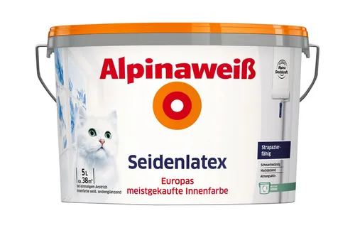 Alpinaweiß Seidenlatex 5 Liter seidenglänzend - Farben - Strapazierfähige Innenfarbe mit extrem hoher Deckkraft, ideal für ca. 38 m², und besonders scheuerbeständig für langlebige Ergebnisse.