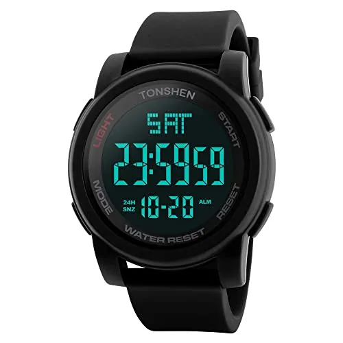 TONSHEN Herren Digital Uhren Outdoor Militär 50M Wasserdicht Multifunktional Sportuhr LED Elektronik Doppelte Zeit Groß Plastik Lünetten und Kautschuk Band Armbanduhr (Schwarz)