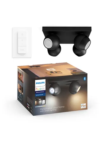 Philips Hue Buckram Quadruple Spotlight - Black - Lampen mit 4 dimmbaren Hue White Ambiance GU10 Strahlerlampen, flexibles Licht zwischen 2200-6500 Kelvin, steuerbar über App oder Sprachassistenten.