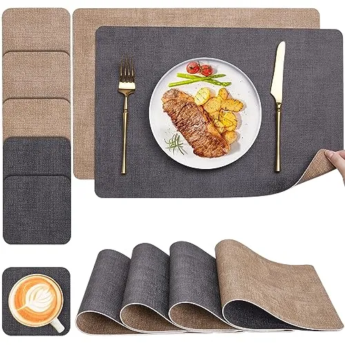 Myir JUN Tischsets Abwaschbar und Untersetzer 6er Set, Platzsets Abwaschbar Doppelseitig Bedruckt Kunstleder Schmutzabweisend & rutschfest, Platzdeckchen Abwischbar mit Lederoptik für Esszimmer