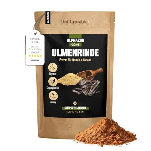 alphazoo Ulmenrinde für Hunde & Katzen 120g I Premium Magenschutz-Pulver ohne Zusatzstoffe I Sanfte Verdauung, bei Sodbrennen, Durchfall & Kotfressen I Slippery Elm Bark I Natürlich & Rein