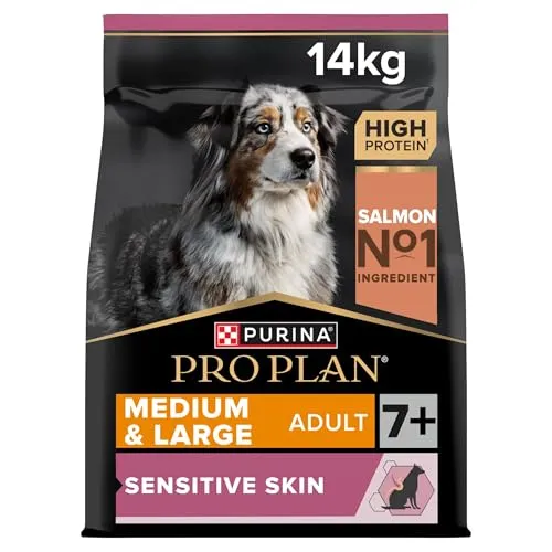 PURINA PRO PLAN Medium/Large Adult 7+ Sensitive Skin OPTIDERMA 14kg - Glutenfreies Hundefutter für ältere Hunde mittelgroßer & großer Rassen, speziell für empfindliche Haut und reich an hochwertigem Lachsprotein.