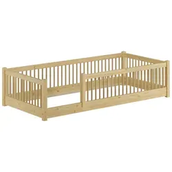 Niedriges Kinderbett Kiefer natur 90x200 – Sicherer Schlafplatz für Kleinkinder - Das niedrige Kinderbett aus klar lackierter Kiefer bietet einen sicheren Rückzugsort für Ihr Kind. Mit einer Liegefläche von 90x200 cm und einer Sitzhöhe von nur 14 cm ist es ideal für selbstständiges Ein- und Aussteigen.