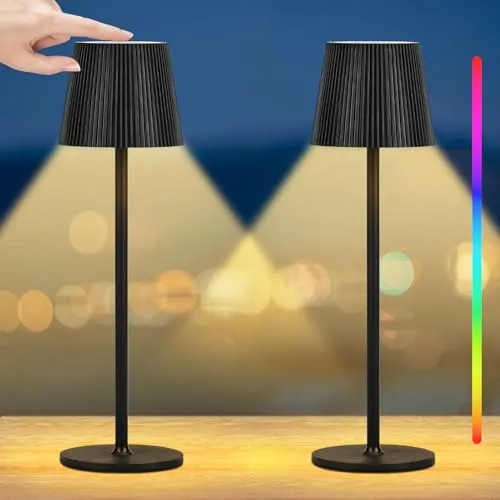 Onherm 2 Stück LED Tischlampe Kabellos mit RGB, 3 Farbtemperatur Akku Tischleuchte Aufladbar Dimmbar Touch Nachttischlampe, Warmweiß Lampes für Nachttisch Wohnzimmer Balkon Outdoor Esstisch, Schwarz