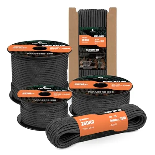 Kamu Synber 550 Paracord 4mm 10m Typ III Schnur 7 Stränge Nylon Seil Fallschirmschnur für Basteln, Outdoor, Camping, Survival | Tragkraft 250kg | Schwarz