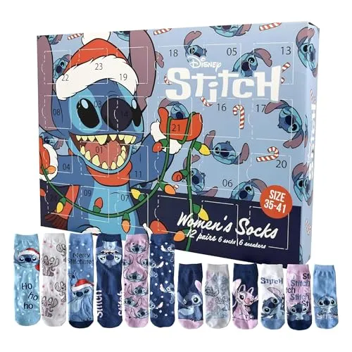 United Labels® Adventskalender Disney Lilo & Stitch Socken - Adventskalender mit 12 Paar Socken für Damen (Größe 35-41). Entdecke jeden Tag ein neues, kuscheliges Paar mit Lilo & Stitch Motiven und genieße die Vorfreude auf Weihnachten!