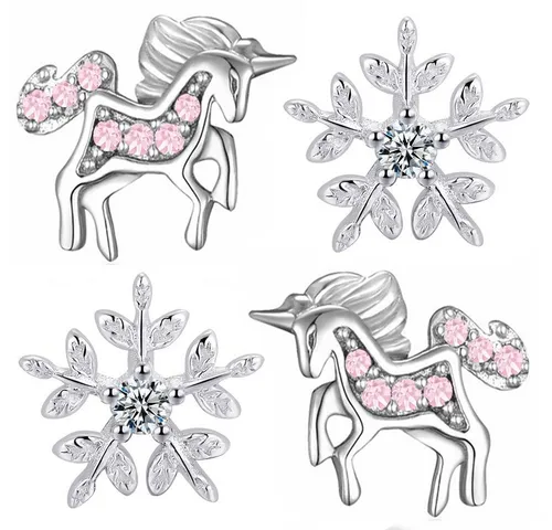 Limana Ohrstecker-Set Kinder Ohrringe 925 Sterling Silber Einhorn Pferde Stern Schneeflocke, Mädchen Kinderohrringe Geschenk Geschenkidee