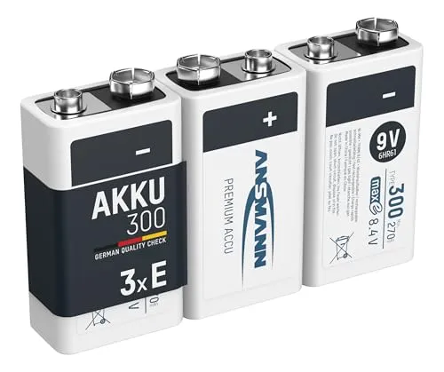 ANSMANN AG 9V Akku 300mAh E-Block NiMH – 1000x wiederaufladbar (3 Stück) - Kamera-Akkus mit geringer Selbstentladung, ideal für anspruchsvolle Geräte. Hohe Kapazität, Schnelladefähigkeit und umweltfreundlich – die perfekte Wahl für Taschenlampen, Spielzeug und mehr.