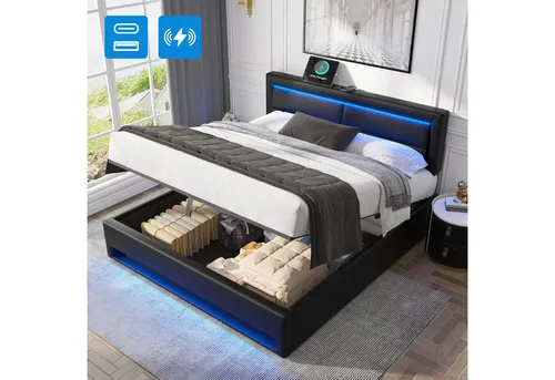 REDOM Polsterbett 90x200 cm mit USB-Anschluss - Elegantes Polsterbett mit höhenverstellbarem Kopfteil, ideal für komfortable Nächte. Inklusive hydraulisch anhebbarer Bettstauraum für zusätzlichen Platz. Perfekt für ein modernes Schlafzimmer.