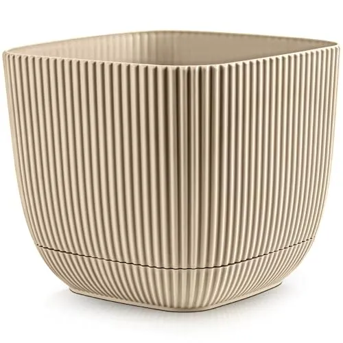 Konzept 11 - Blumentopf klein 0,68 l mit Unterzetzer, quadratischer Übertopf 11 x 11 cm, Pflanzentopf für Zimmerpflanzen aus Kunststoff, Beige