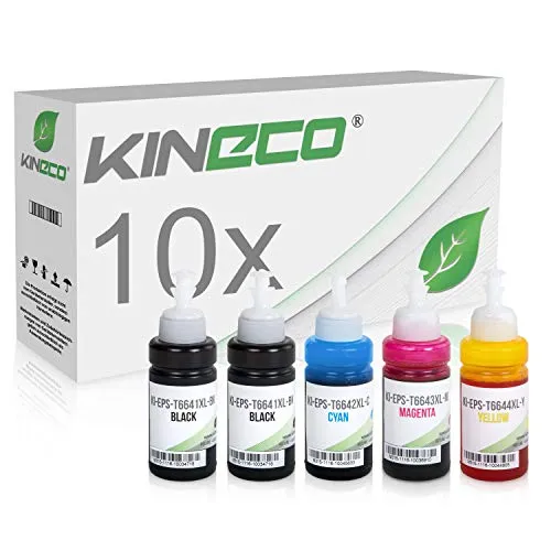 Kineco 10x Tinte kompatibel mit Epson EcoTank ET-2500 ET-2550 ET-2600 ET-2650 ET-4500 ET-14000 L100 L110 L1300 L200 L210 L350 L355 L365 L455 L550 L555 L565 - je 70 ml