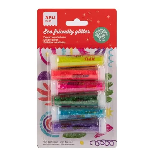 APLI Kids 20070 Glitter, fluoreszierend, biologisch abbaubar, ideal für Kostüme und Bastelarbeiten, 6 Flaschen