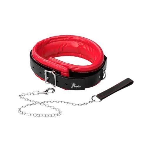 DEVOTION PURE Bondage-Halsband mit Leine aus veganem Leder, abschließbar | Gepolstertes BDSM-Halsband mit 3 D-Ringen, Stahlkette und 32–48 cm Halsumfang für Erwachsene