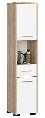3E 3xE living.com Freistehender Badezimmerschrank: eine Schublade, Zwei Türen, fünf Einlegeböden, Farbe: Sonoma-Eiche | weiß, A: B: 30 cm, H: 140 cm, T: 30 cm.