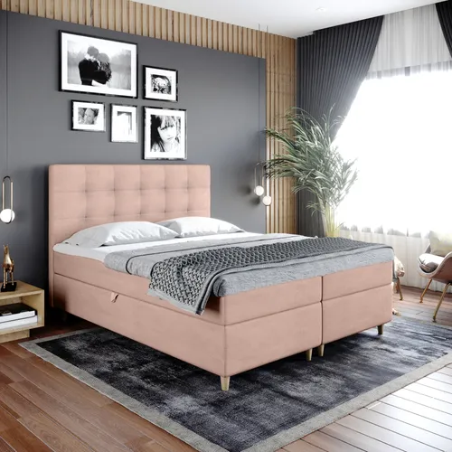 Boxspringbett Doppelbett DANTE – 140x200cm Bett mit Bonellmatratze, mit Bettkasten für Bettwäsche und Topper. EIN Bett mit einem klassischen, konturierten Kopfteil (rosa, 140x200)