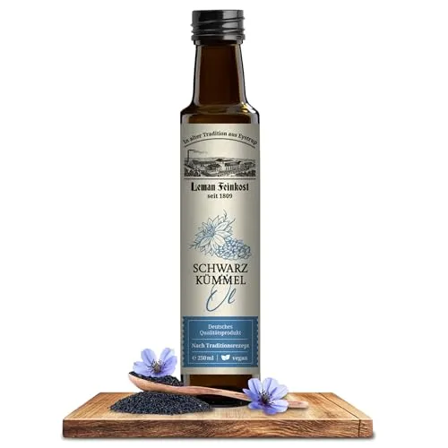 Leman Feinkost Schwarzkümmelöl 500ml – Mühlenfrisch kaltgepresstes Black Seed Oil aus Nigella Sativa – Gefiltert, hoher Thymochinongehalt & Omega 3-6-9 – Qualität seit 1809 vom Hersteller