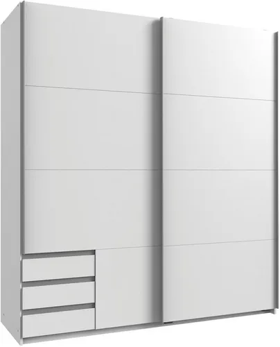 Boxxx Schwebetürenschrank, Weiß, 5 Fächer, Made in Germany - Kleiderschrank mit 5 Fächern und 3 Schubladen, ideal für Ordnung im Schlafzimmer. Erhältlich in verschiedenen Größen und Holzdekoren, hochwertige Verarbeitung, Made in Germany.