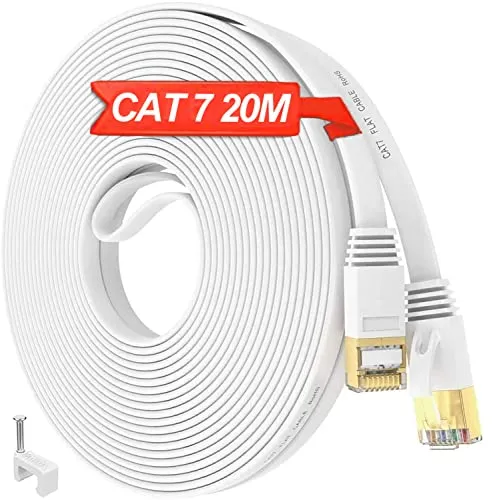 LAN Kabel 20meter Cat 7, Netzwerkkabel 20m Flach Weiß Ethernet Kabel, FTP Schirmung Hochgeschwindigkeit 10000Mbits RJ45 Internetkabel, Wasserfest Gigabit Patchkabel für Router Modem Switch (20 Clips)