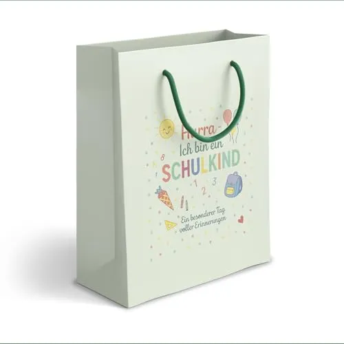 itenga Geschenktüte Geschenktragetasche 18 x 22,5 x 8 cm - Einschulung Geschenkverpackung Papiertragetasche Endlich Schulkind Schulanfang (Hurra ich bin ein Schulkind)