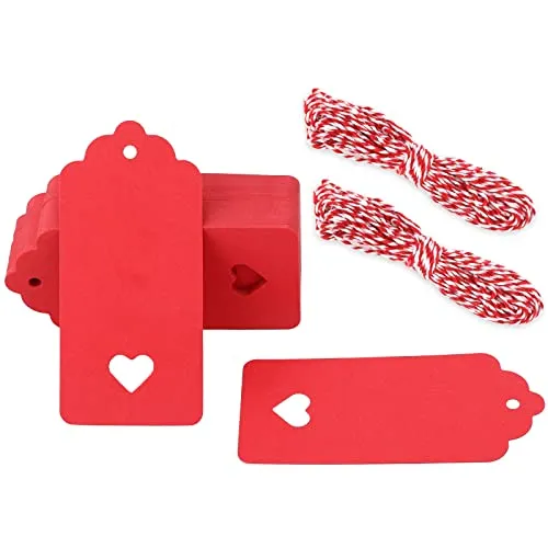 G2PLUS 100stk Geschenk Anhänger Rot, 4.5x9.5CM Kraftpapier Etiketten Tags, 300g/m² Geschenkanhänger Etiketten Herz mit Schnur für Hochzeit Geschenke zum Basteln