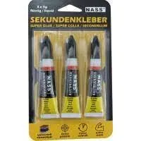Sekundenkleber NASS, Hochqualitativer Klebstoff, 3er Set 3x3g, Universalkleber für Plastik, Gummi, Glas, Holz, Metall, Keramik, Leder und Textilien
