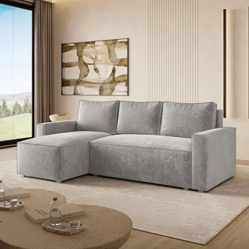 Masseno Ecksofa POTARO LM mit Schlaffunktion in Hellgrau - Das Ecksofa POTARO LM vereint elegantes Design und praktische Schlaffunktion. Mit Stauraum für Bettzeug und einem modernen Look wird es zum Highlight Ihres Wohnzimmers.