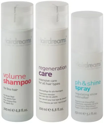 Hairdreams Haarpflege-Set Volumen Shampoo + Regeneration Care - 3-teiliges Set für Echthaarverlängerungen, bietet sanfte Reinigung, intensive Pflege und fantastischen Glanz mit Anti-Statik-Effekt.