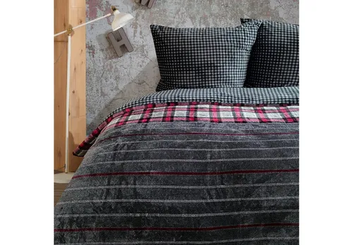 Buymax Bettwäsche Teddy Plüsch Bettezug-Set, Fleece, 2 teilig, 135x200 cm, Winter, flauschig, warm, gestreift, kariert, Pink, Grau