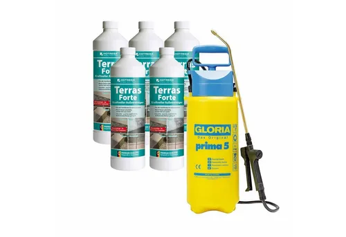 HOTREGA Terras Forte Steinreiniger 5x 1 Liter Konzentrat - Gartenspinklergerät: Selbsttätiger, materialschonender und säurefreier Außenreiniger für Terrassen, Mauern und Treppen – reinigt gründlich ohne Schrubben.