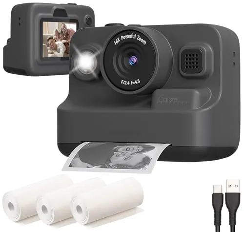 Callstel Full-HD-Sofortbildkamera mit Drucker - Erlebe Full-HD-Videos und 12 MP Fotos mit integrierten Thermodrucker. Extra Spaß mit Spielen und Farbfiltern, kabelloser Akku und 16x-Zoom für kreative Aufnahmen.