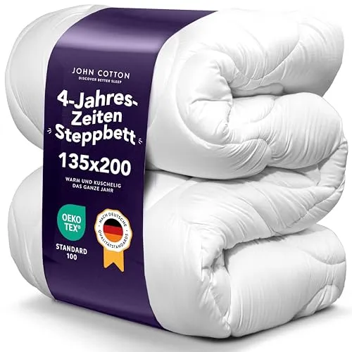 John Cotton 4 Jahreszeiten Bettdecke 135x200 - Atmungsaktive 3-in-1 Allergiker Steppdecke - Bettdecken für Sommer und Winter, Oeko-Test zertifiziert und ideal für Allergiker. Perfekte Anpassung an Ihre Schlafbedürfnisse durch die Kombination aus Sommer-, Winter- und Ganzjahresdecke.