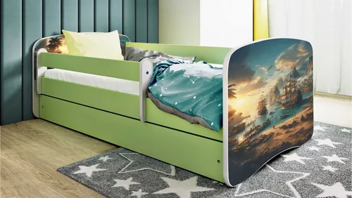 Raumhirsch Kinderbett Schiff, Grün, 80x180 cm - Hochwertiges Kinderbett mit abnehmbarer Schutzschiene und praktischer Schublade für Stauraum. Ideal für ein modernes Kinderzimmer und sorgt für Sicherheit und Ordnung.