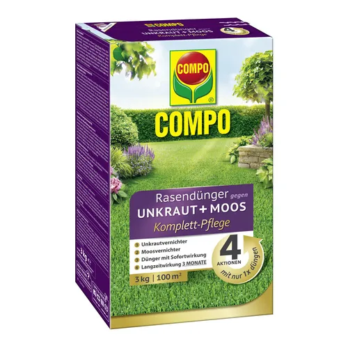COMPO FLORANID Rasendünger gegen Unkraut+Moos 3kg - Dünger mit Unkraut- und Moosvernichter, ideal für eine gesunde Rasenpflege bis zu 100m², langanhaltende Wirkung bis zu 8 Wochen.