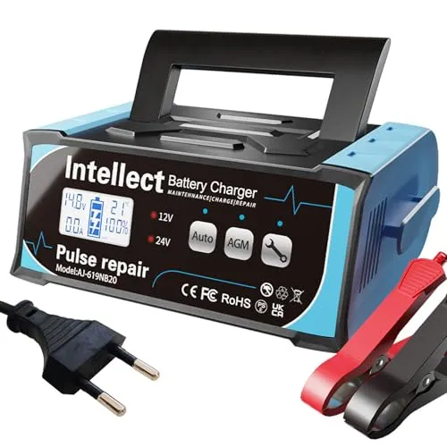 10A Batteriewerkzeuge Autobatterie Ladegerat, 12V/24V mit Impulsreparatur | KFZ Batterieladegerät Smart-Ladegerät für Auto, Motorrad und LKW | Funkenfrei und mit automatischer Schutzfunktion