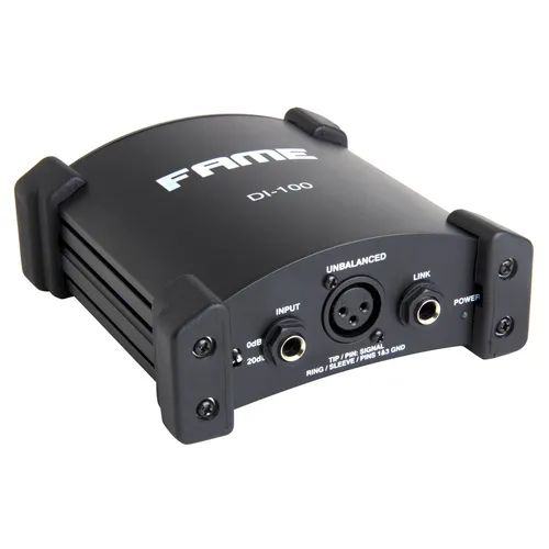 Fame Audio DI-100 Aktive DI-Box - Symmetrierboxen mit hochwertiger Signalverarbeitung und flexibler Stromversorgung. Ideal für professionelle Anwendungen dank schaltbarer Eingangspegeldämpfung und exzellenter Audioqualität.